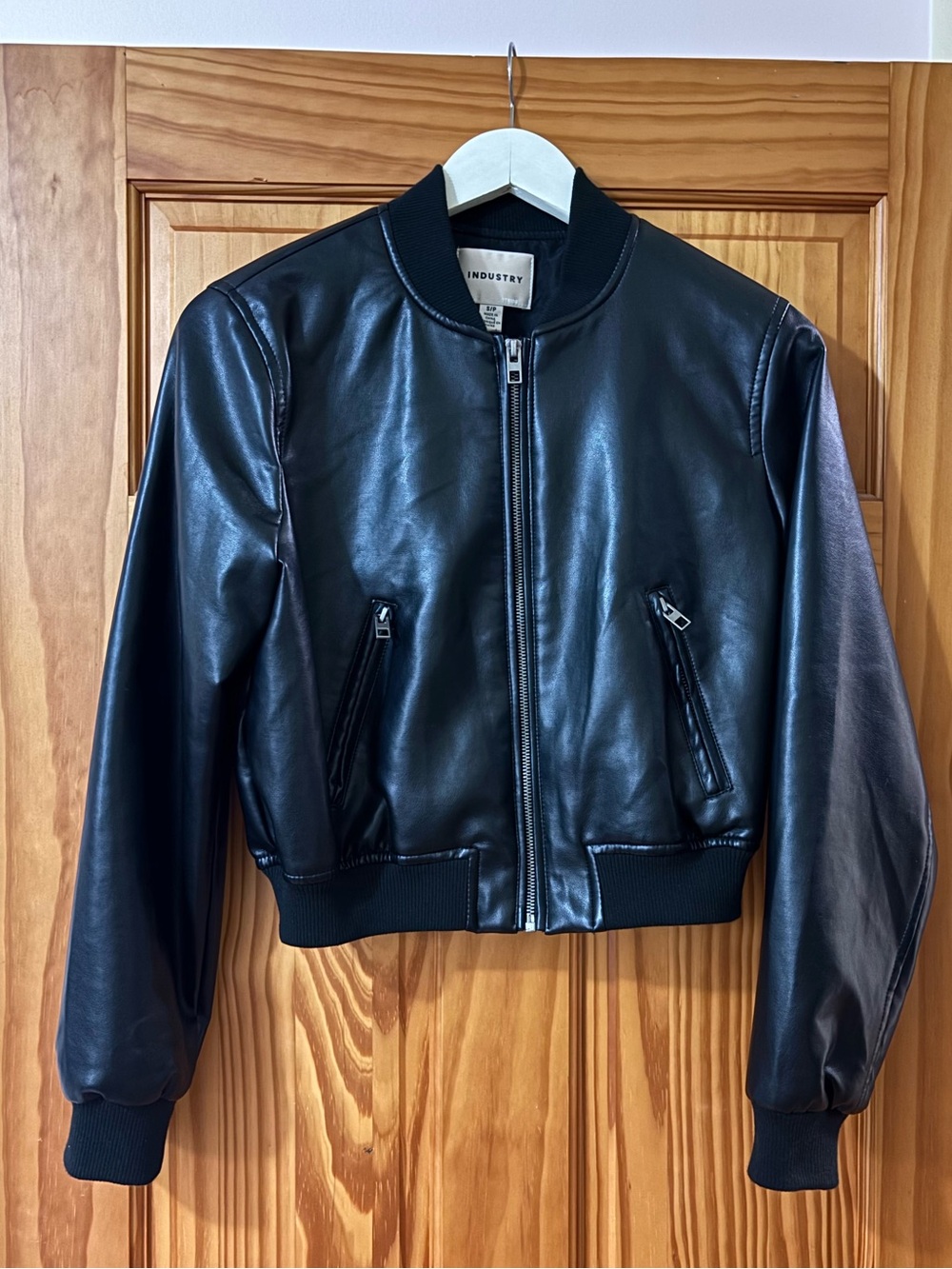 Industry Republic Faux Black Leather Cropped Bomber Jacket